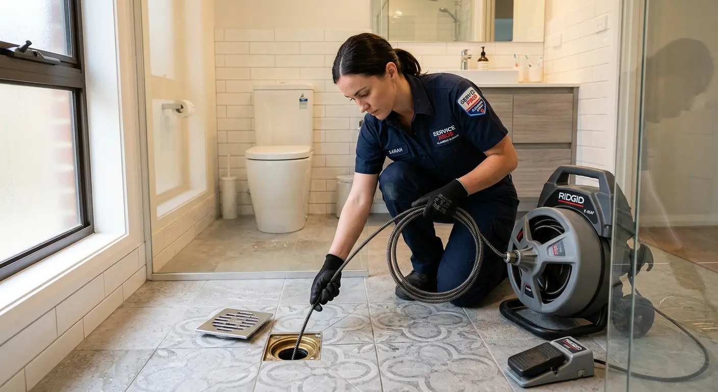 Technician clearing a bathroom floor drain for Drain Cleaning in Paw Paw